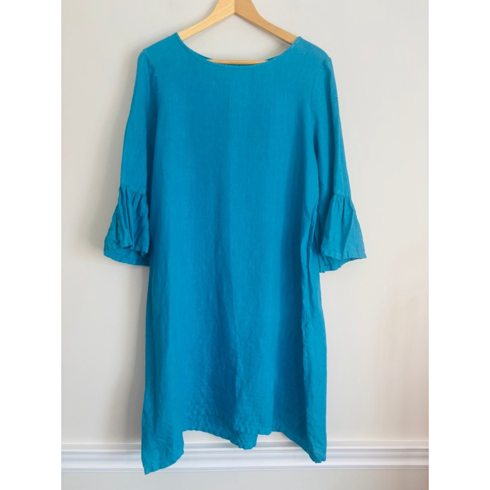 Bryn Walker Linen Tunic Dress XS Blue Ruffle Sleeve